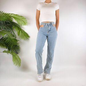 Vintage Indie Grunge Light Wash Denim Cut Out High Waisted Slit Bootcut Jeans /1